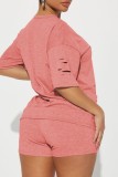 Pink Casual Solid Ripped Kurzarm Zweiteiler