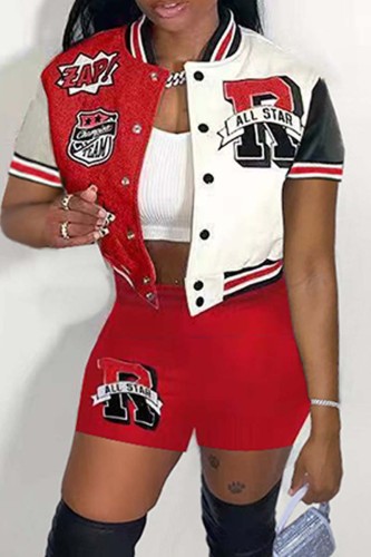 Red Casual Print Patchwork Short Sleeve Two Pieces