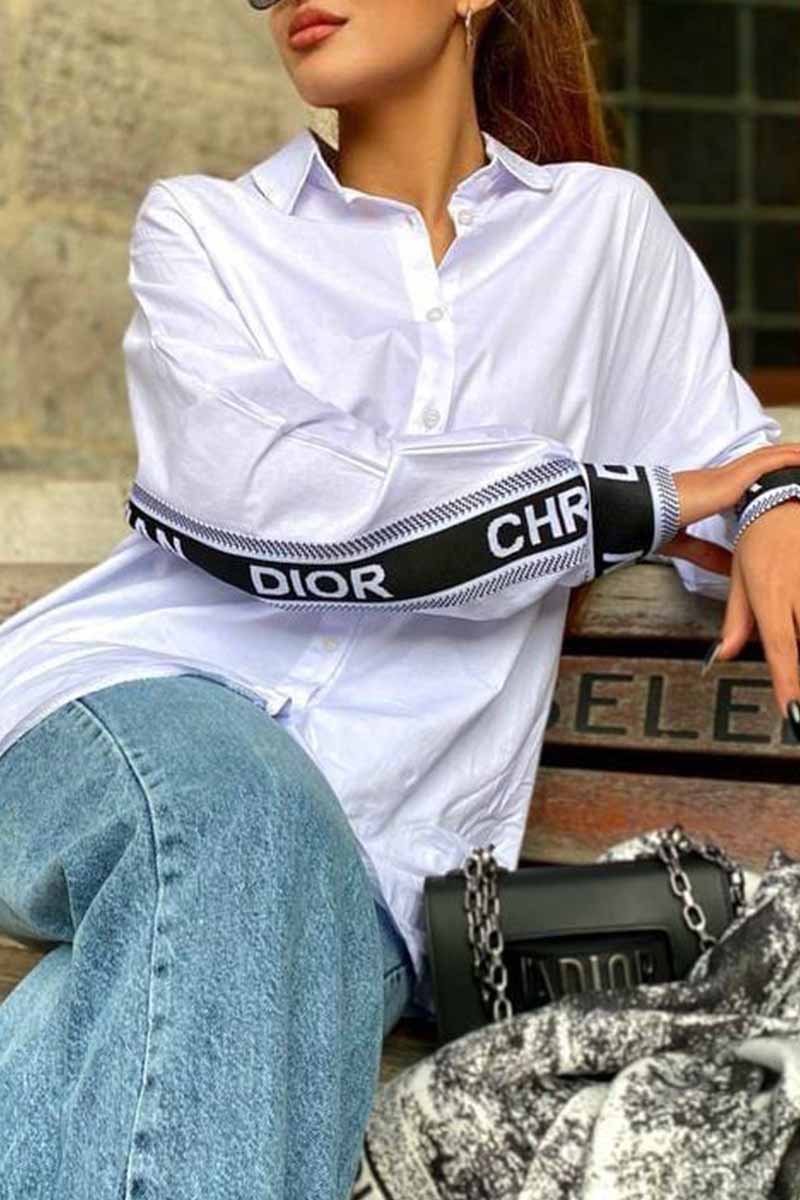 

White Casual Letter Patchwork Turndown Collar Tops