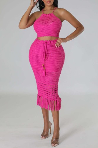 Rose Red Sexy Solid Tassel Bandage Backless O Neck Sleeveless Two Pieces