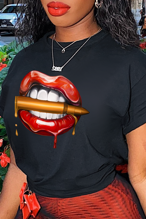 Schwarze, lässige Sportswear-Lippen bedruckte Patchwork-T-Shirts mit O-Ausschnitt