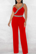 Rot Sexy Print Patchwork Spaghetti Strap Straight Jumpsuits
