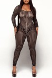 Black Sexy Striped See-through U Neck Skinny Jumpsuits