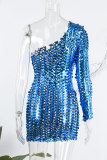 Blauwe sexy effen uitgeholde doorzichtige jurken met schuine kraag en lange mouwen