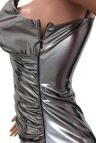 Серые сексуальные однотонные лоскутные платья с разрезом и асимметричным воротником
