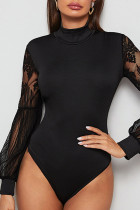 Zwarte casual elegante effen patchwork half-een skinny bodysuit met col