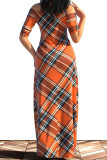 Orange Casual Print Patchwork V-hals raka klänningar