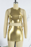 Gold Sexy Solid Bandage O Neck Sleeveless Two Pieces