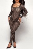 Black Sexy Striped See-through U Neck Skinny Jumpsuits