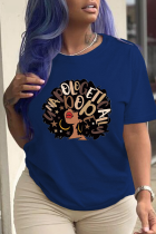 Camisetas con cuello en O de letras de patchwork con estampado vintage diario azul marino