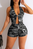 Giallo Sexy Stampa Camouflage Stampa Patchwork Backless Halter Senza Maniche Due Pezzi