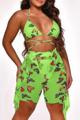 Green Sexy Butterfly Print Bandage Backless Swimsuit Three Piece Set