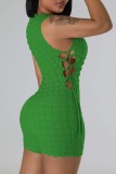 Pagliaccetti skinny basic con scollo a O e benda solida casual verde