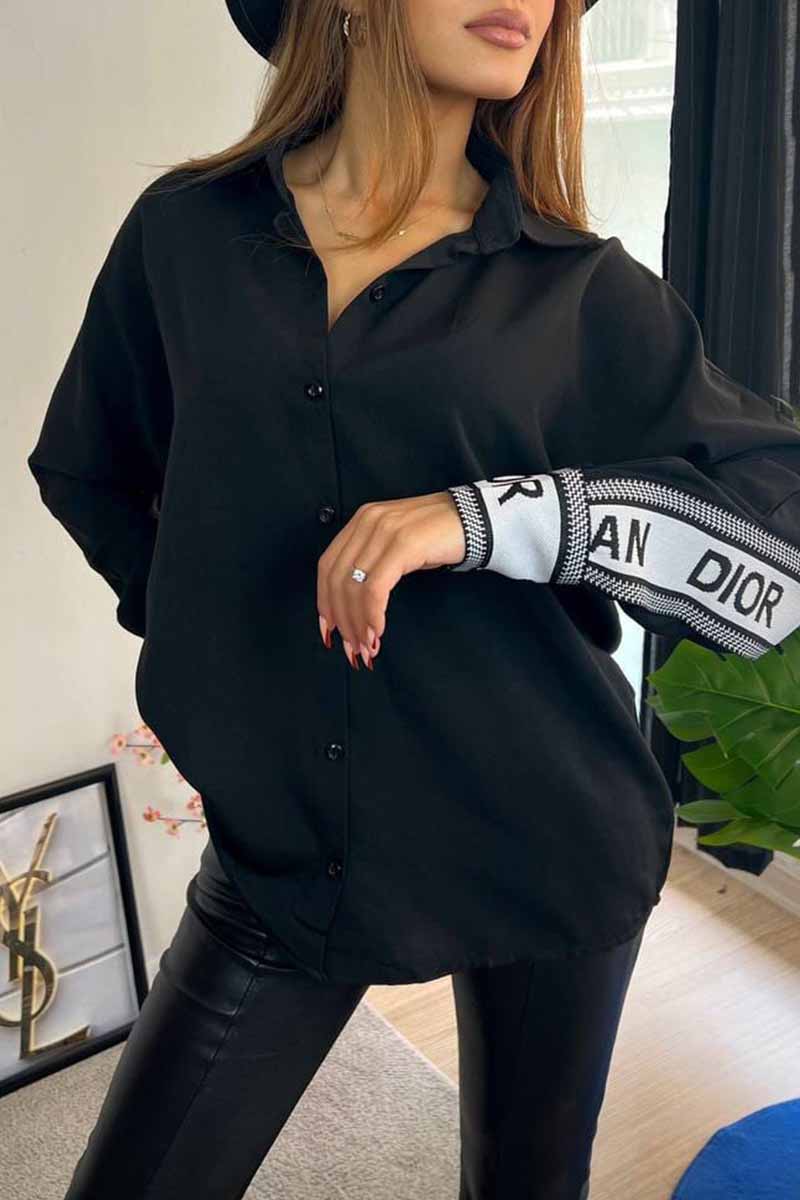 

Black Casual Letter Patchwork Turndown Collar Tops