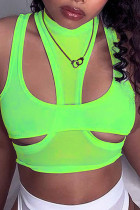 Top con scollo a V asimmetrico in patchwork solido per abbigliamento sportivo casual verde fluorescente