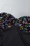 Svarta sexiga patchwork paljetter Genomskinliga rygglösa axelbandslösa klänningar utan ärmar