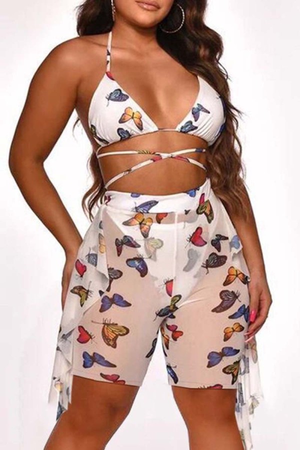 White Sexy Butterfly Print Bandage Backless Swimsuit Three Piece Set