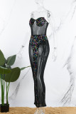Zwarte sexy patchwork pailletten doorzichtige rugloze strapless mouwloze jurkjurken