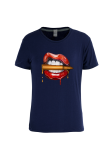 Navy Blue Casual Sportswear Lips Printed Patchwork O Neck T-Shirts