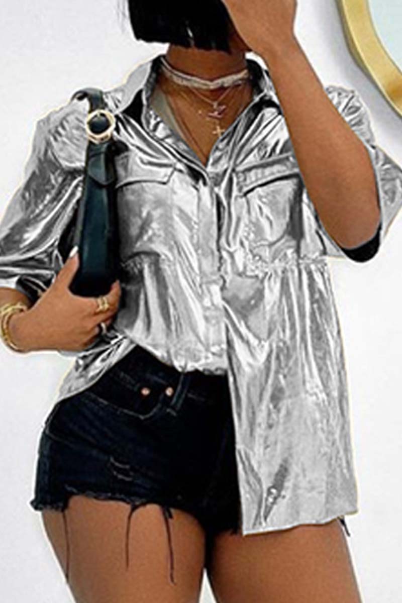 

Silver Casual Solid Patchwork Shirt Collar Tops