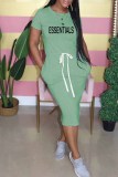 Green Casual Print Letter O Neck One Step Skirt Dresses