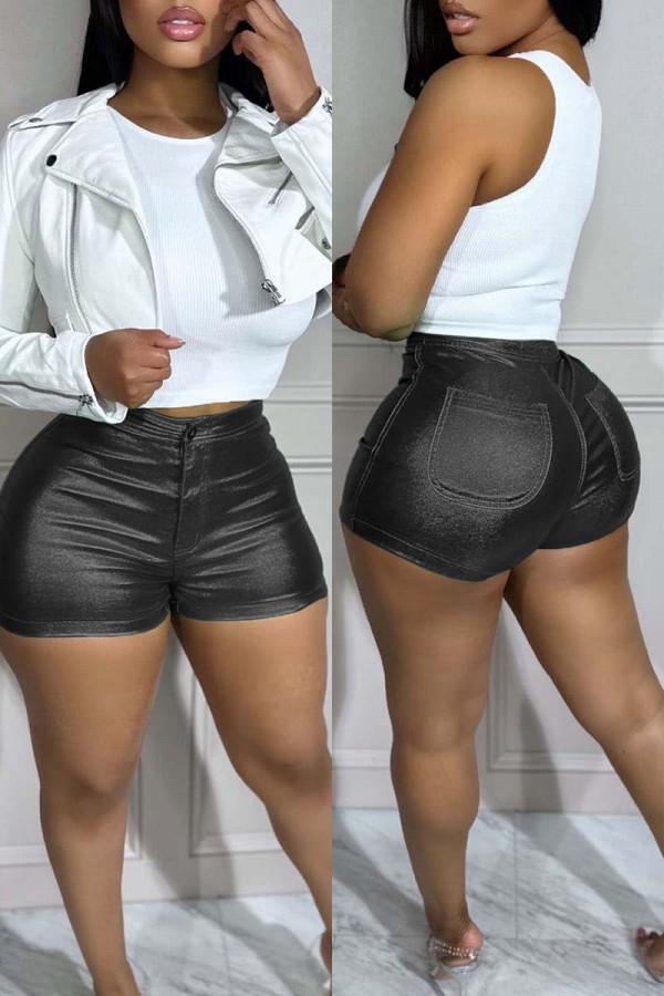 Pantalones cortos informales sólidos básicos ajustados cintura alta color sólido convencional negro