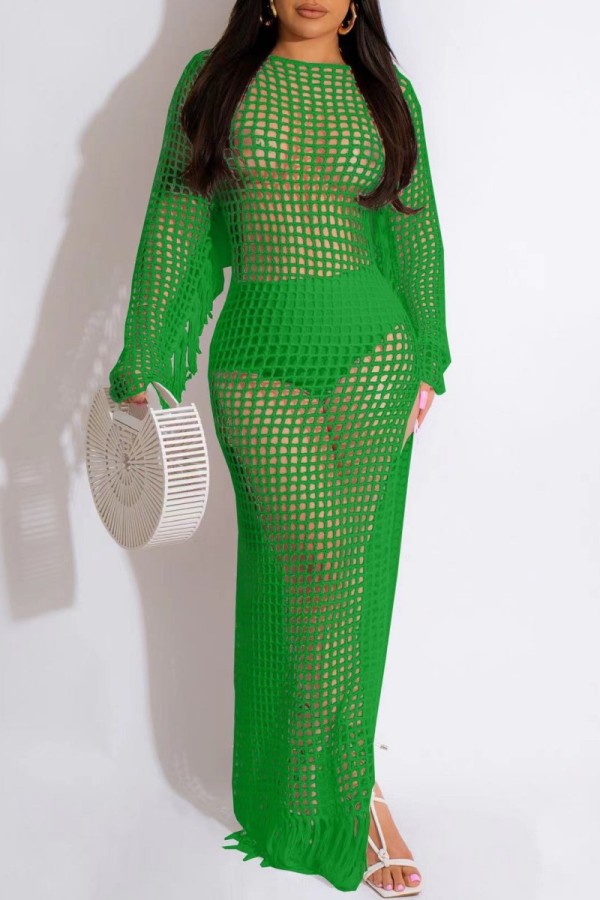 Зеленое сексуальное однотонное пляжное платье с кисточками и прозрачным разрезом с круглым вырезом