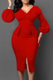 Vestidos de saia única com decote em V em patchwork liso vermelho elegante