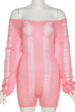 Pink Sexy Solid Hollowed Out Patchwork See-through Off the Shoulder Skinny Rompers