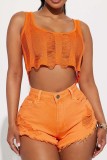Oranje casual effen gescheurde patchwork normale spijkerbroek met hoge taille
