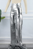 Pantaloni in tinta unita dritti a vita alta con patchwork solido da strada casual argento