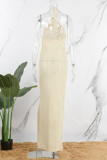 Milky Sexy Solid Bandage Backless Slit Halter Robes Longues