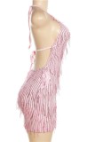 ピンクのセクシーなパッチワーク タッセル包帯スパンコール バックレス ホルター ノースリーブ ドレス ドレス