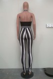 Black Sexy Casual Striped Print Patchwork Backless Halter Skinny Jumpsuits