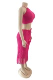 Rose Red Sexy Solid Quaste Bandage Backless O Neck Sleeveless Two Pieces