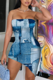 Robes de robe irrégulières sans bretelles en patchwork imprimé sexy bleu