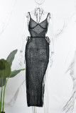 黒のセクシーな無地包帯シースルー バックレス スリット V ネック ロング ドレス ドレス