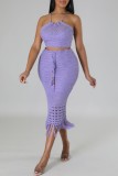 Purple Sexy Solid Tassel Bandage Backless O Neck Sleeveless Two Pieces