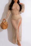 White Sexy Solid Tassel Hollowed Out See-through Slit O Neck Beach Dress Dresses
