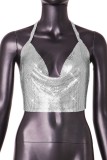 Zilver Sexy Solid Patchwork Backless Halter Tops