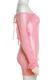 Roze sexy effen uitgeholde patchwork doorzichtige skinny rompertjes zonder schouder
