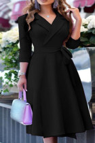 Zwarte casual print bandage patchwork turn-back kraag A-lijn jurken