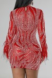 Красное сексуальное лоскутное горячее сверление прозрачное полуводолазка с длинным рукавом
