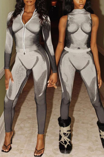 Grey Sexy Street Print Patchwork Half A Turtleneck Skinny Jumpsuits