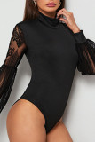 Zwarte casual elegante effen patchwork half-een skinny bodysuit met col