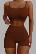 Coffee Sexy Casual Solid Backless Spaghetti Strap Sleeveless Two Pieces
