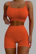 Due pezzi senza maniche con cinturino per spaghetti senza schienale solido casual arancione sexy