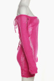 Розовые сексуальные однотонные прозрачные узкие комбинезоны с открытыми плечами в стиле пэчворк