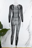 Macacão skinny preto sexy sólido transparente com gola O
