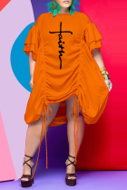 Naranja Estampado casual Dibujar cordón Volante O Cuello Recto Vestidos de talla grande